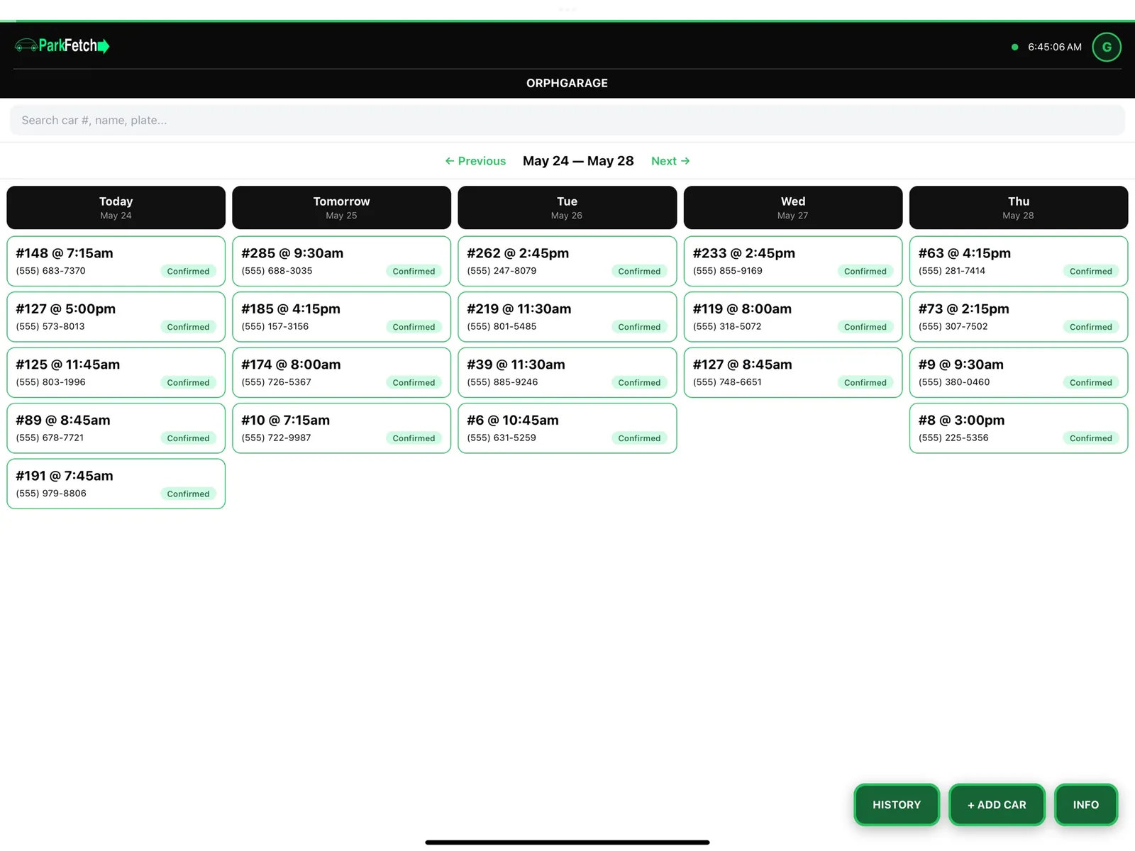 Parkfetch Operator on iPad: a week of car requests in columns