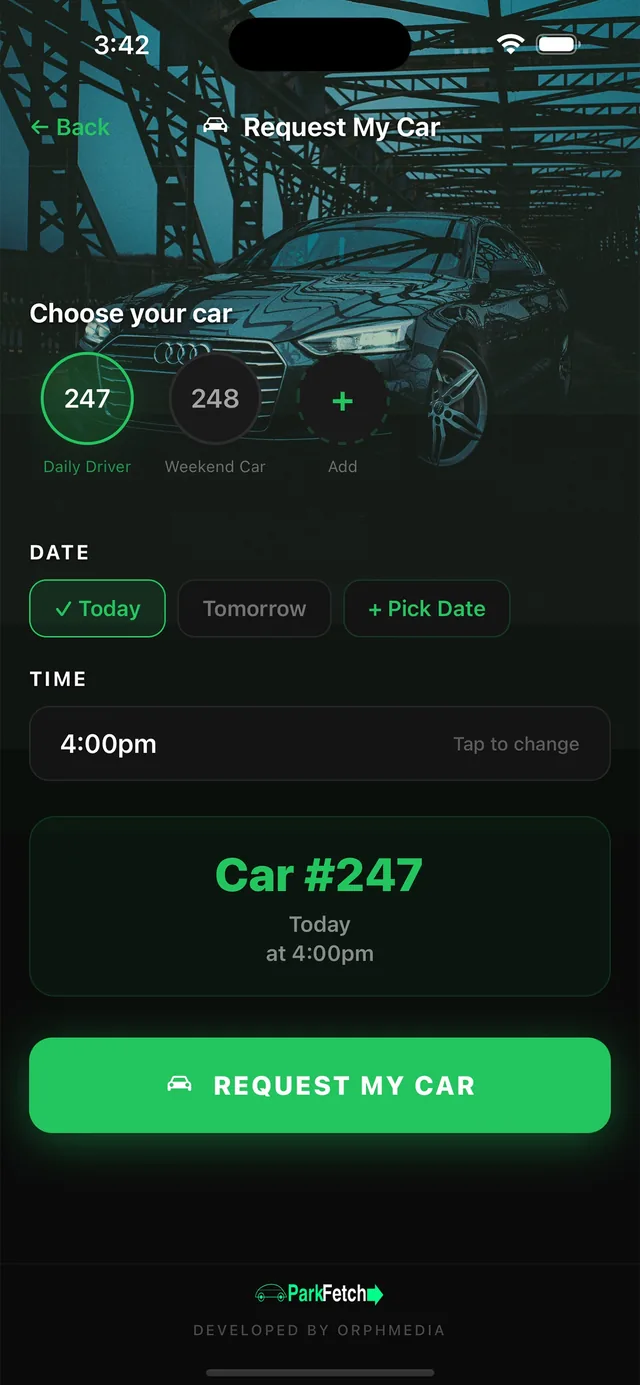 Parkfetch app: choose your car, date and time