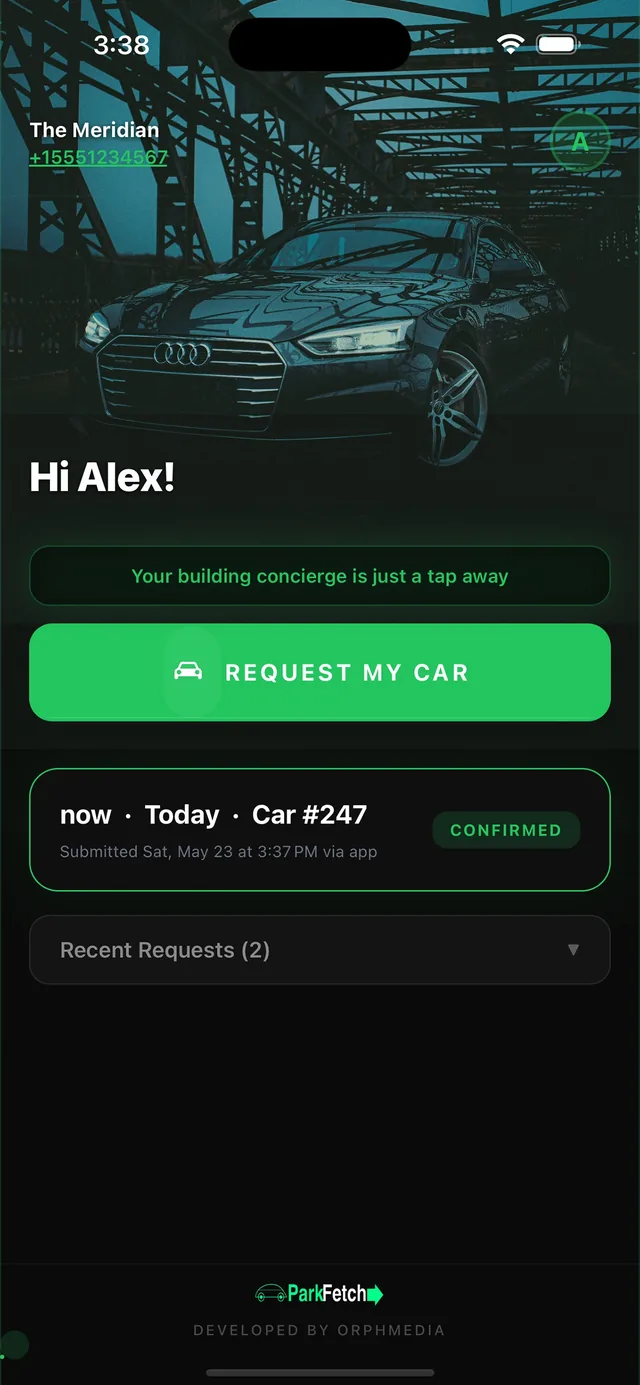 Parkfetch home screen with a Request My Car button