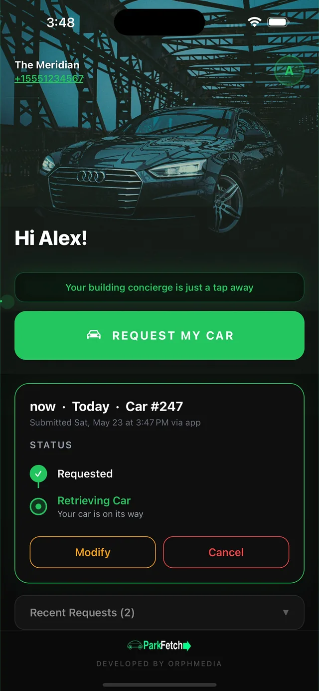 Parkfetch app showing a request moving from Requested to Retrieving Car